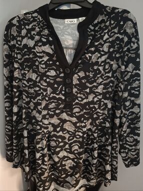 Cato Black & White Lace-Pattern Henley Top